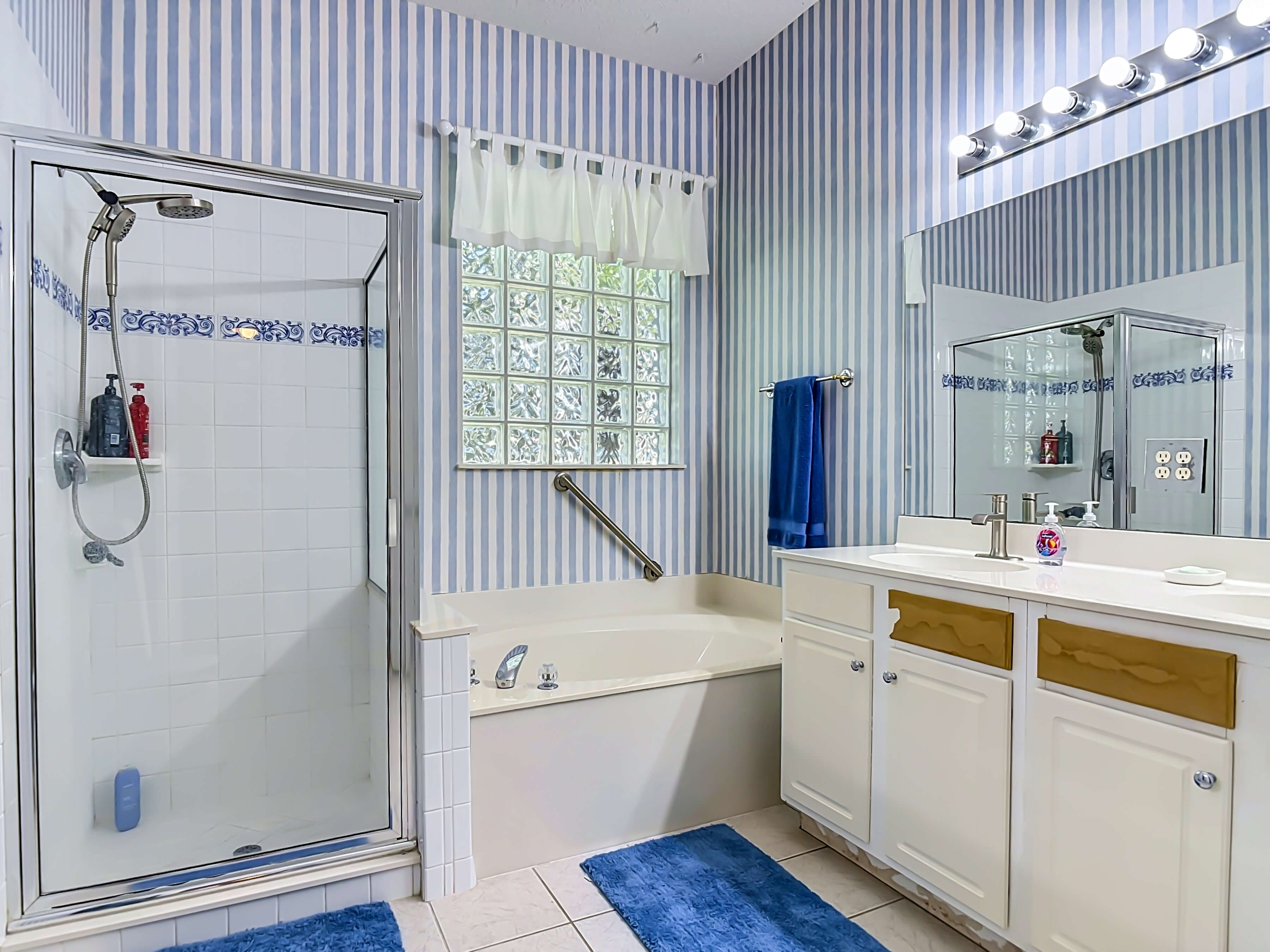 Primary bathroom with garden tub and walk-in shower at 14 Egret Drive